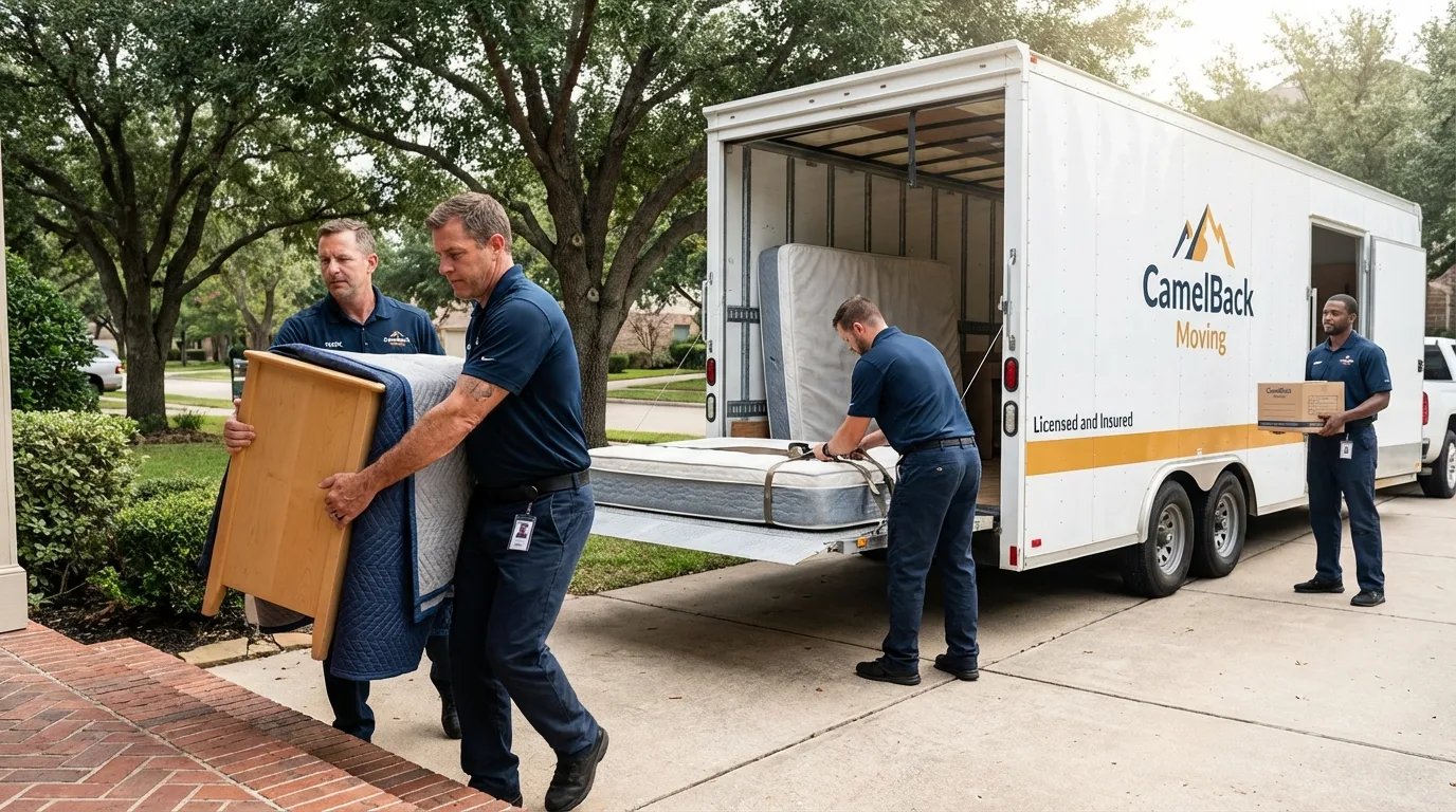 Crew loading residential truck for cross-state move from Strawberry Point, IA