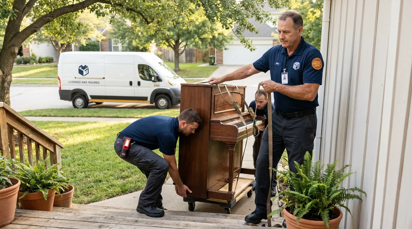 Licensed piano movers securing grand piano in Strawberry Point, IA