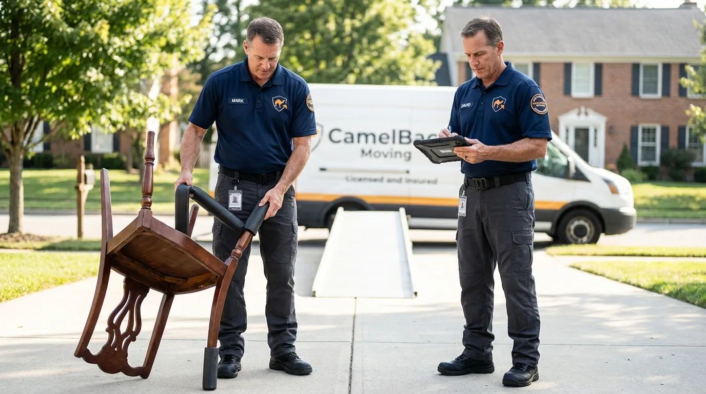 Movers inspecting furniture for damage prevention before loading in Strawberry Point, IA