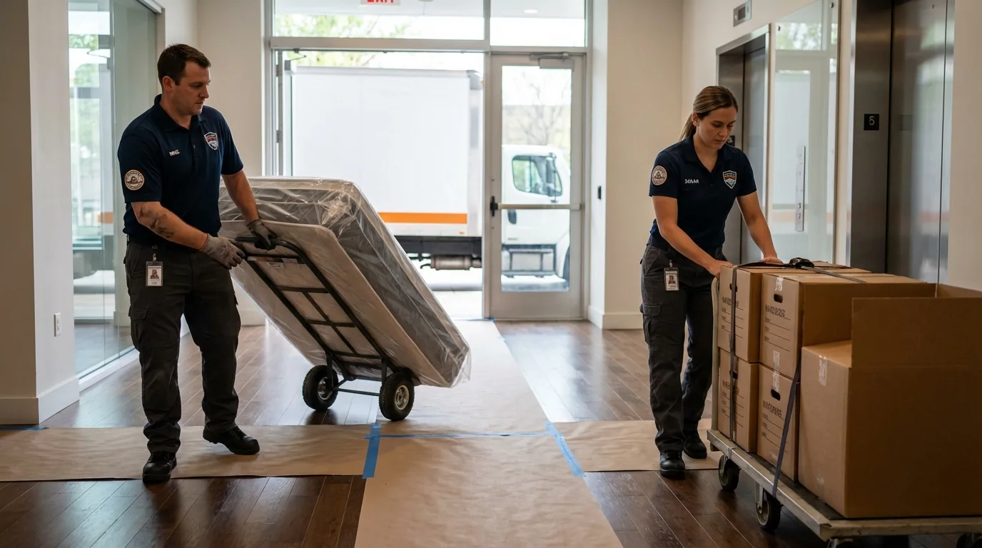 Professional apartment movers loading elevator in Strawberry Point, IA